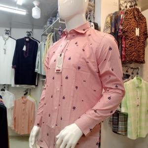 100% cotton coral color & fish print pocketless full sleeve shirt