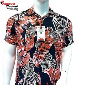 Chocolate-black leaves linen fabric Hawaii shirt, Half Shirt