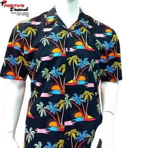 Black-red-yellow coconut tree 100% cotton fabric Hawaii shirt