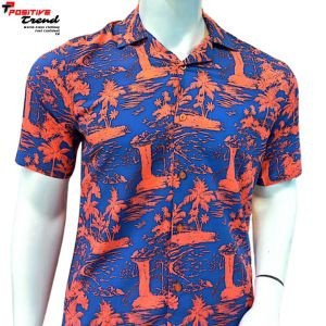 Red tree-blue linen fabric Hawaii shirt