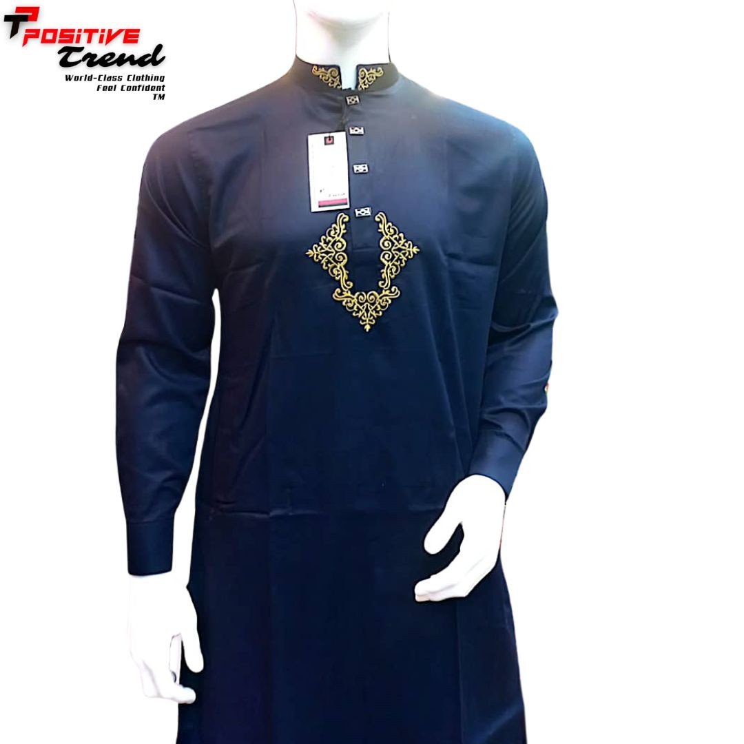 Premium Quality cotton fabric navy blue, cuff & colour embroidery panjabi.