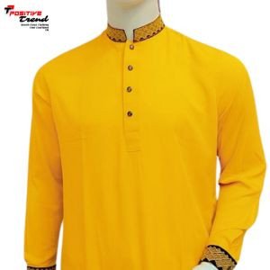 Yellow golden embroidery Panjabi of Tencel soft cotton