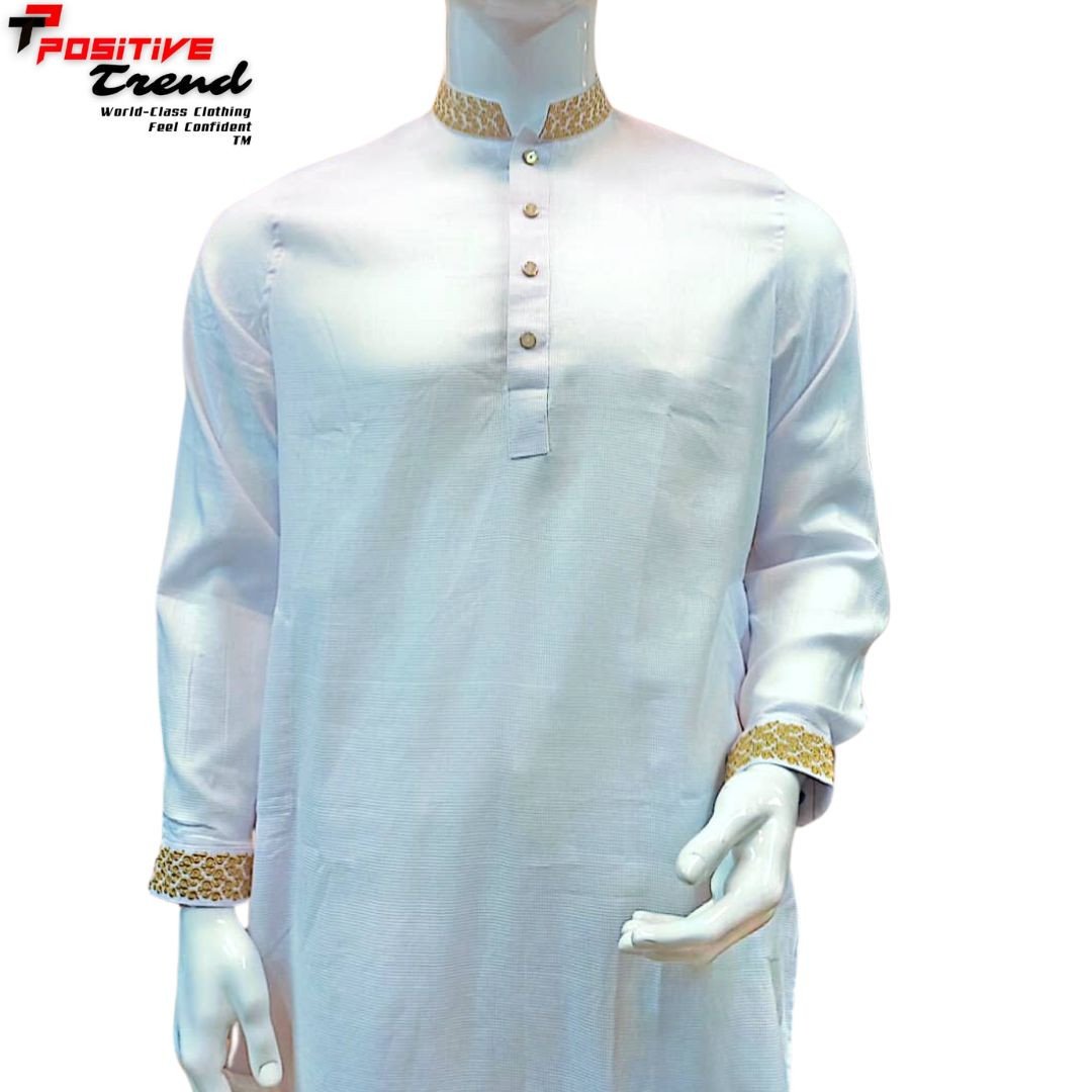 Premium Quality Zeera Cotton, white, cuff-collar embroidery punjabi